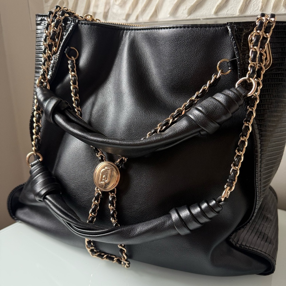 LIU JO Milan Black Vegan Leather Slouchy Tote - Mixed Texture Hobo Bag with Gold
